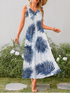 Palm Leaves V -Neck Sleeveless Summer Dress